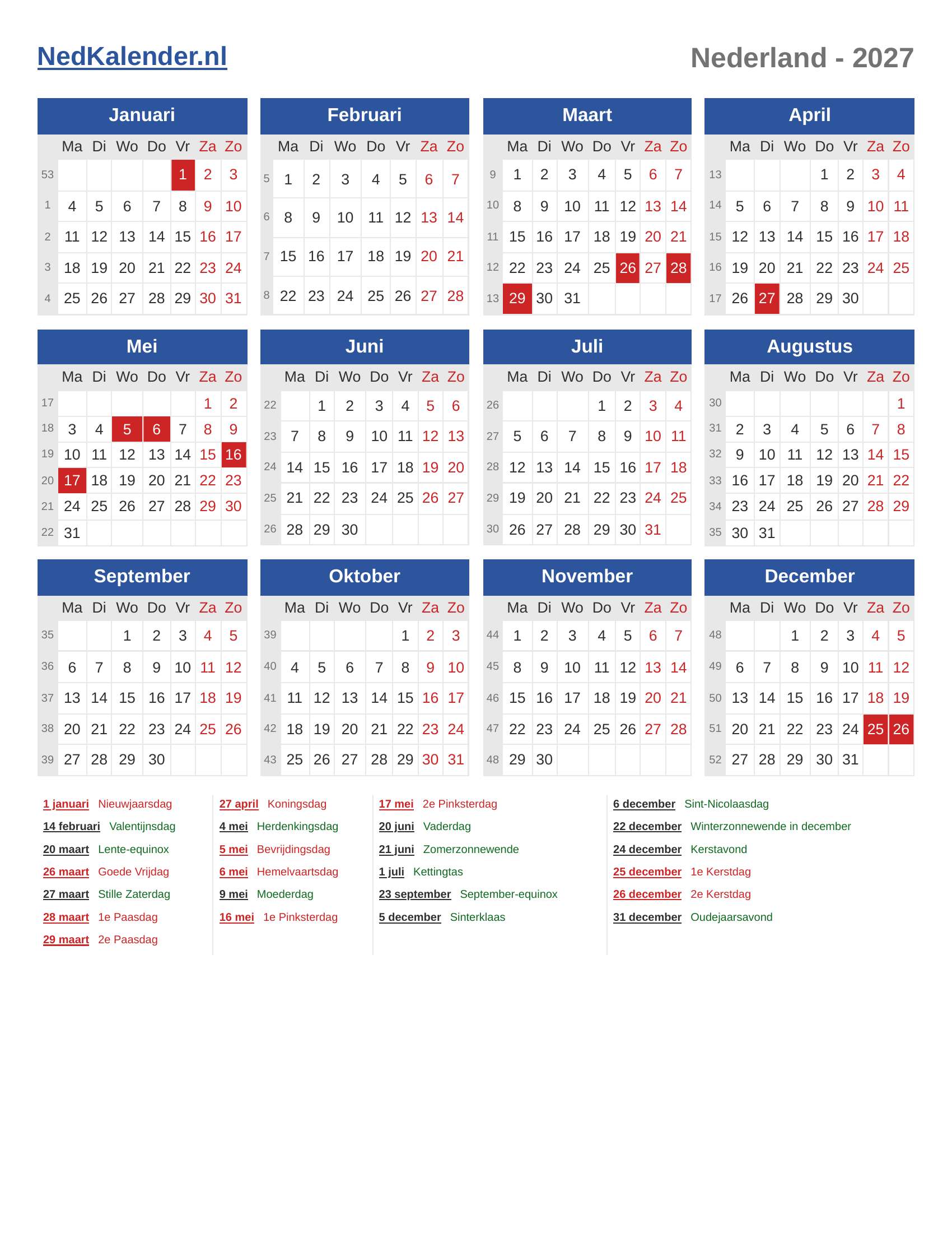 Kalender 2027 Nederland Feestdagen En Weeknummers Kalender 2027 Nederland Feestdagen En Weeknummers