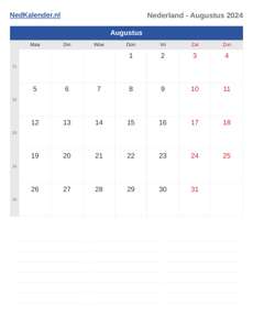 Kalender 2024 Augustus