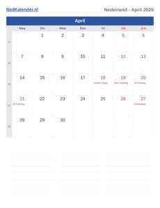 Kalender 2025 April