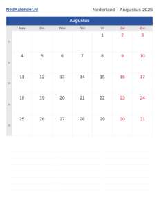 Kalender 2025 Augustus