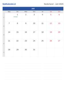 Kalender 2025 Juli