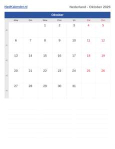 Kalender 2025 Oktober