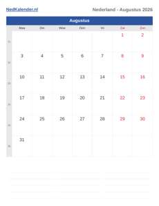 Kalender 2026 Augustus