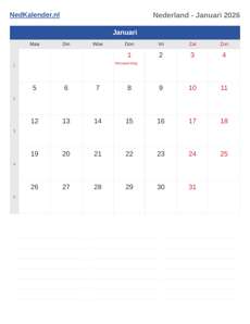 Kalender 2026 Januari