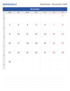 Kalender 2026 November