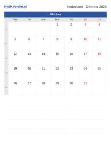Kalender 2026 Oktober