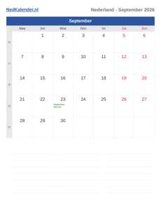 Kalender 2026 September