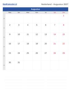 Kalender 2027 Augustus
