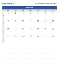 Kalender 2027 Februari