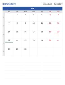Kalender 2027 Juni