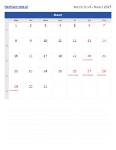 Kalender 2027 Maart