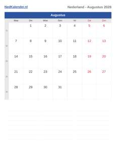 Kalender 2028 Augustus