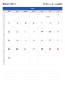 Kalender 2028 Juli
