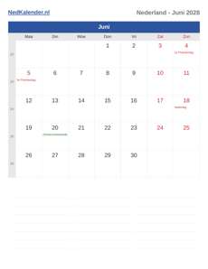 Kalender 2028 Juni