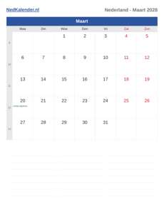 Kalender 2028 Maart
