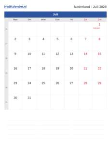 Kalender 2029 Juli