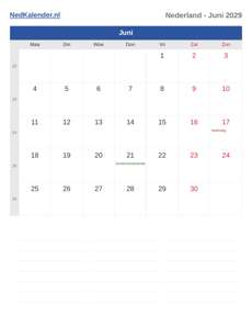 Kalender 2029 Juni