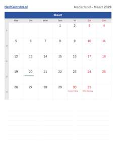 Kalender 2029 Maart